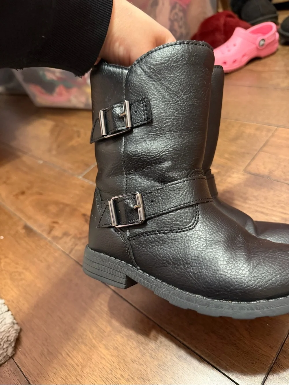 Black Buckle Mid-Calf Leather Boots
